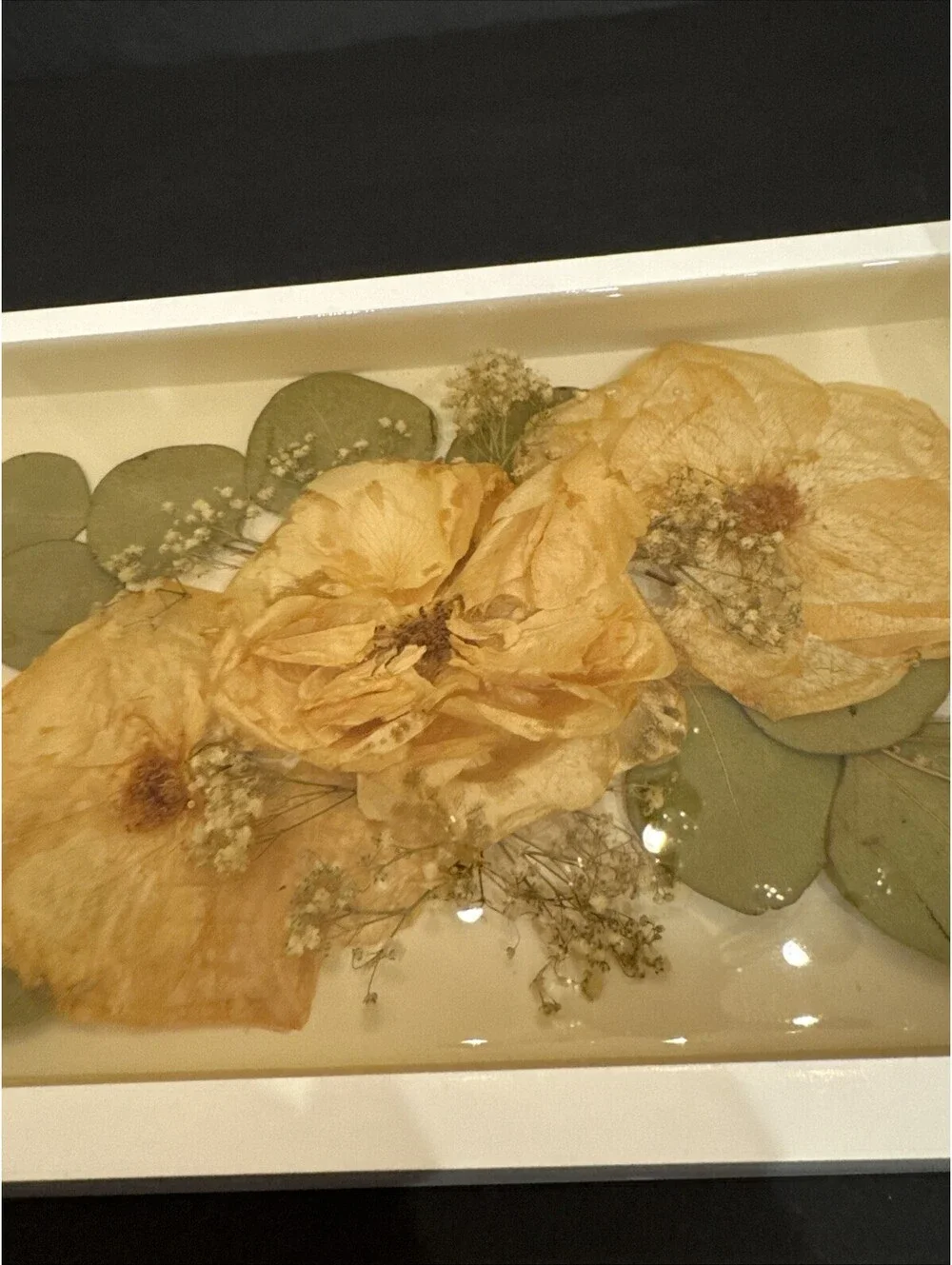 Vtg Wooden Serving Tray W Gold Metal Handles Dried Flowers In Lucite 11.75” L